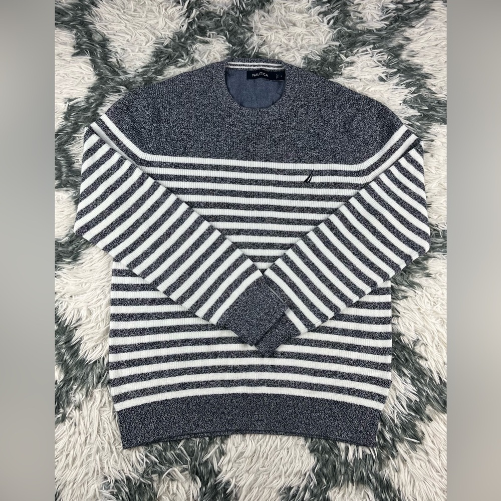 Nautica Men's Blue White Striped Crew Sweatshirt Size Large